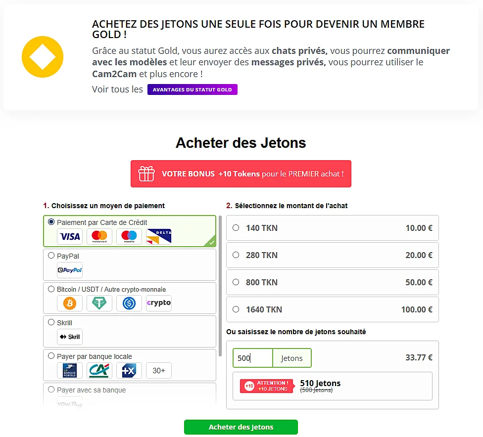 Tarif et achat de jetons sur Royal Cams